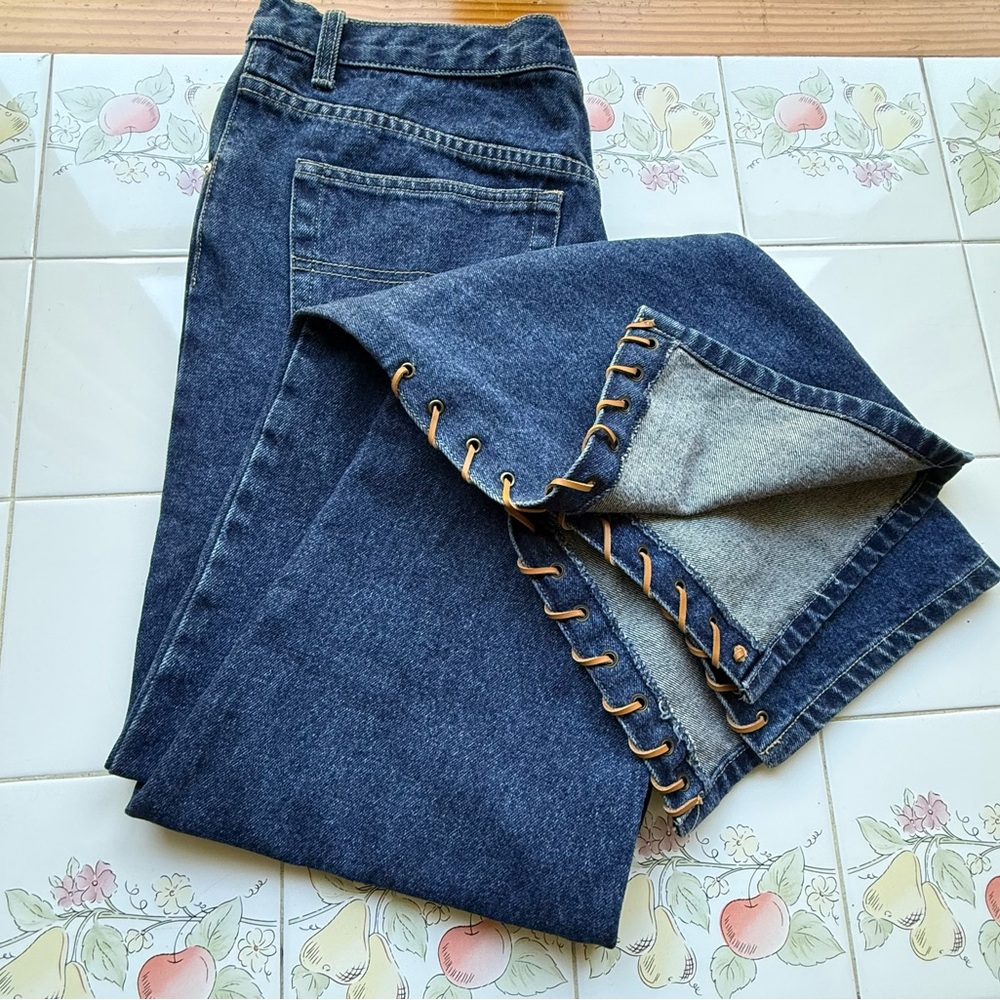 Vintage Dark Wash Straight Leg Denim Jeans Blue Womens  Lace Up Ankle